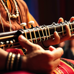 **A close-up of a Sarangi being played, with blurred background showing a concert hall filled with people, warm lighting, focus on the musician's hands and the intricate details of the instrument, evoking a feeling of soulful performance. Include details reflecting Swedish concert hall aesthetics.**